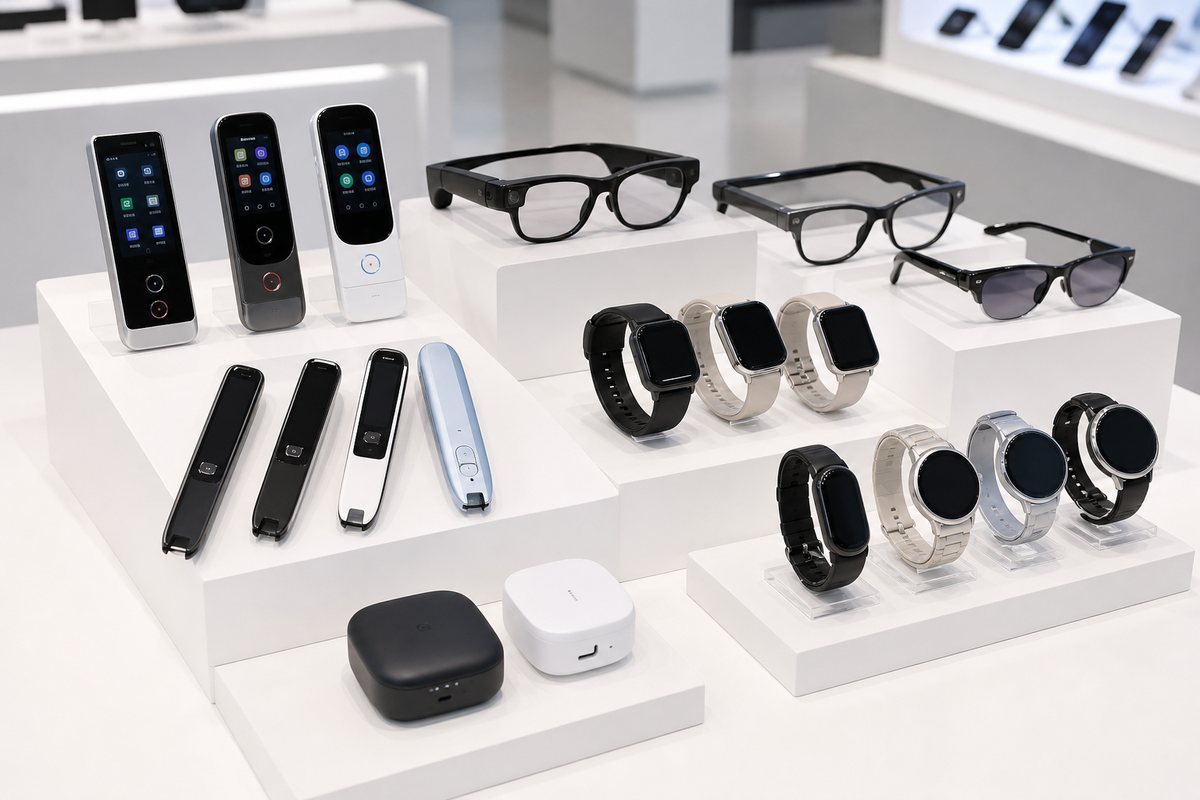 AI translators, scan pens, smart watches, and wearable devices product display