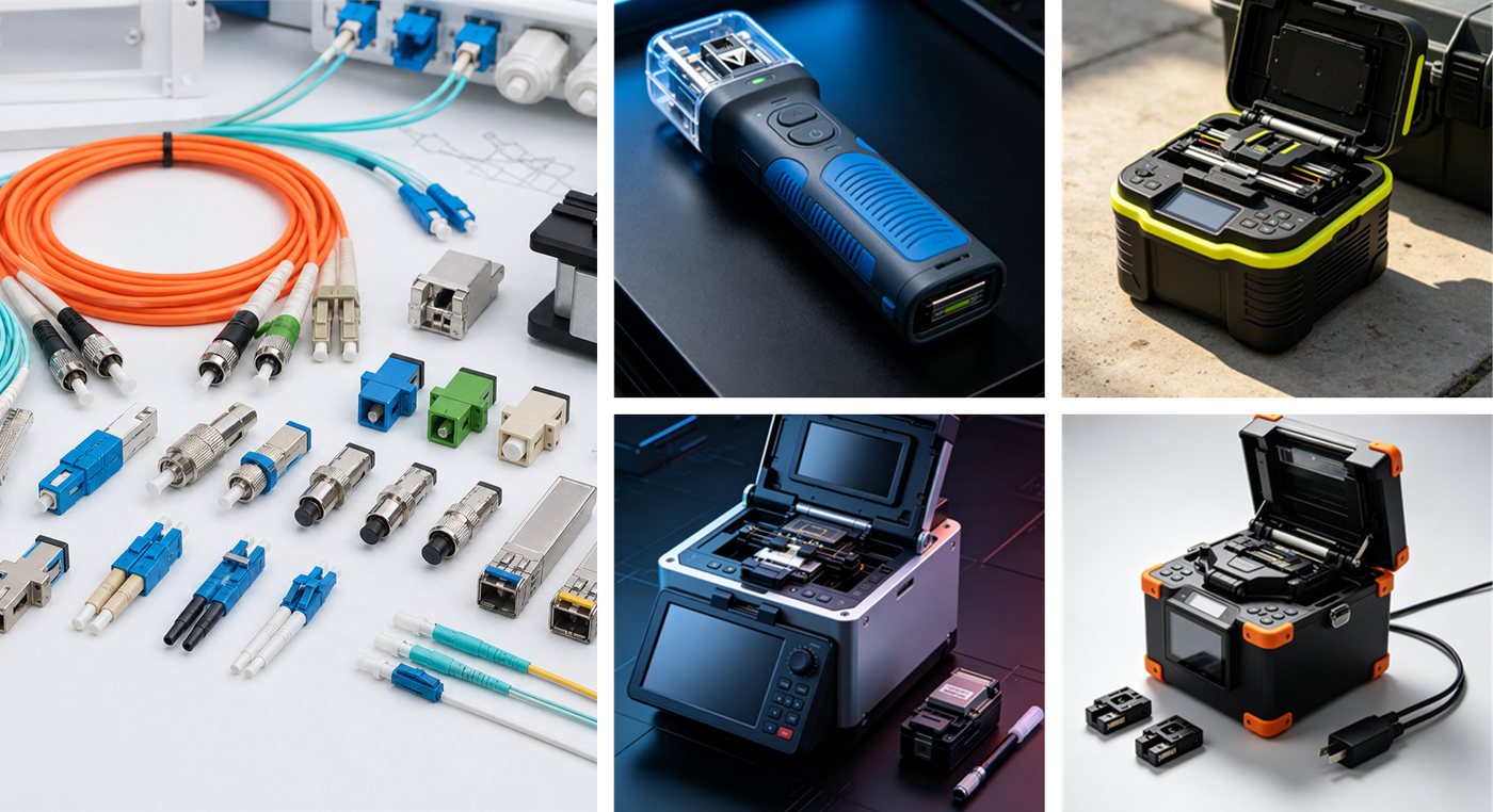 Fiber optic connectors, adapters, tools, and splicing equipment collage