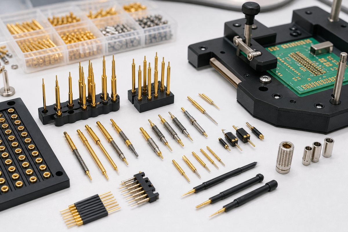 PCB test probes, pogo pins, and probe receptacles product display